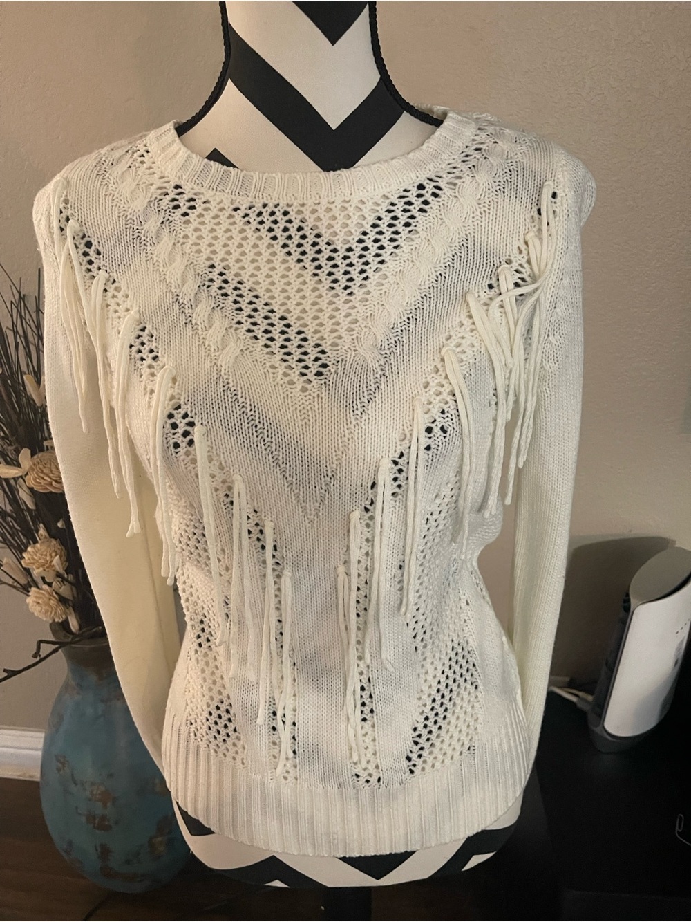 BCX Cream Open-Knit Fringe Crewneck Sweater